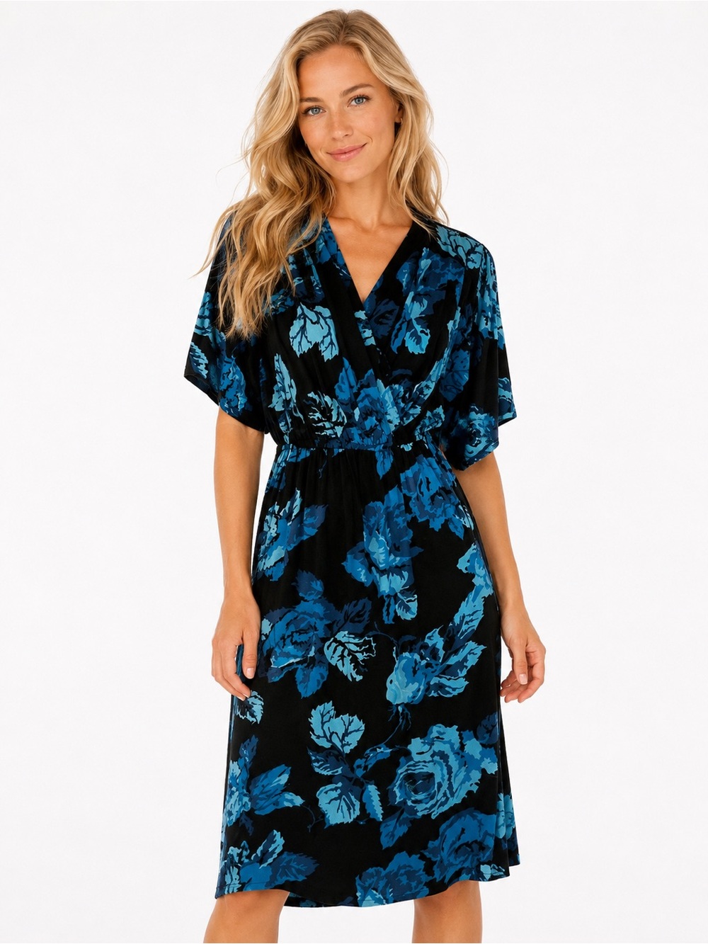 Vintage 80s Notorious Blue Floral Rayon Dress XS Shoulder Pad Midi Dress